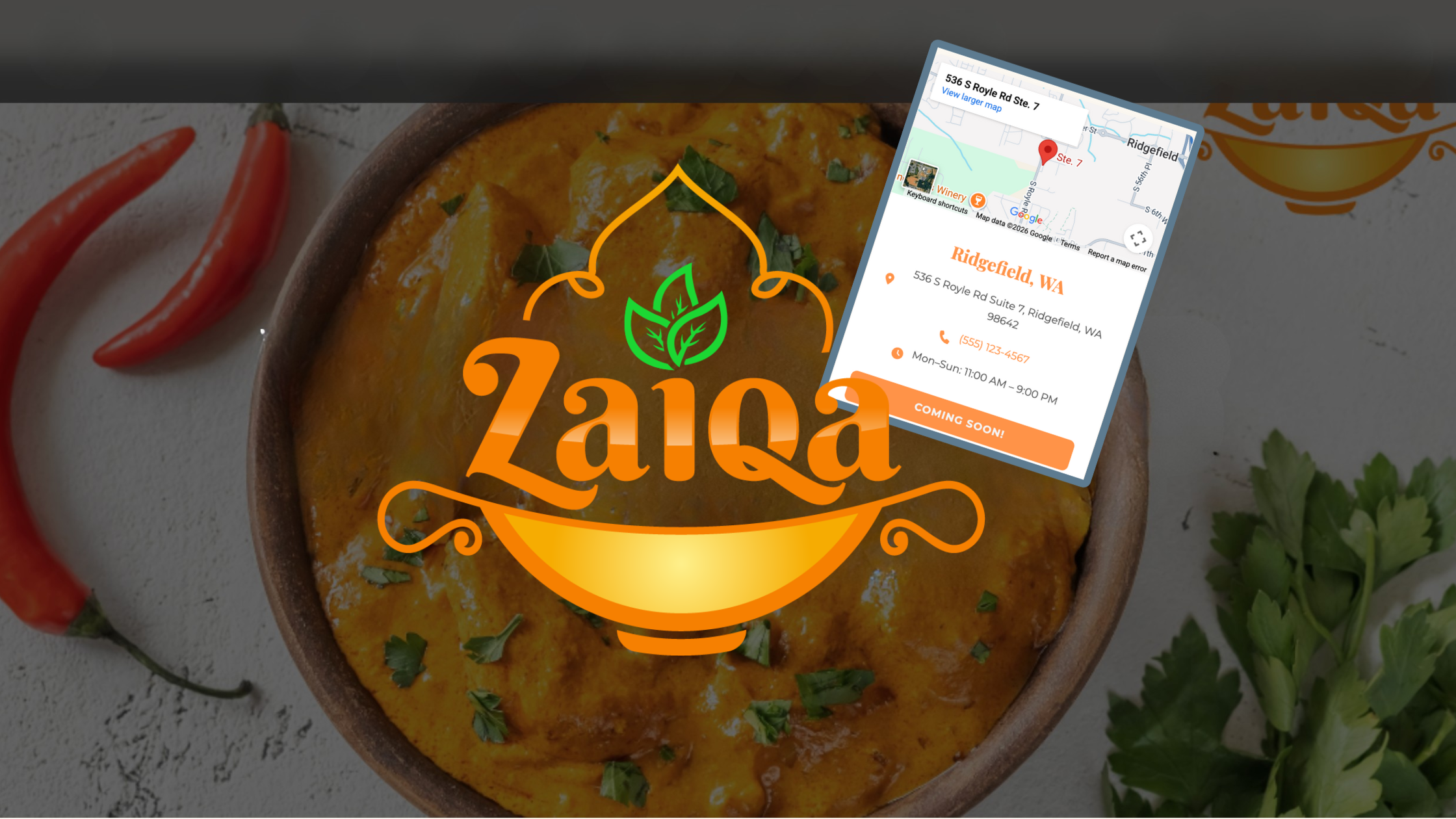 Zaiqa Indian Cuisine signage at Legacy Trails Retail in Ridgefield