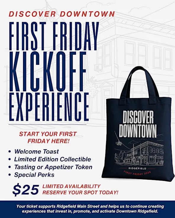 Discover Downtown First Fridays tote bag and event branding in Downtown Ridgefield