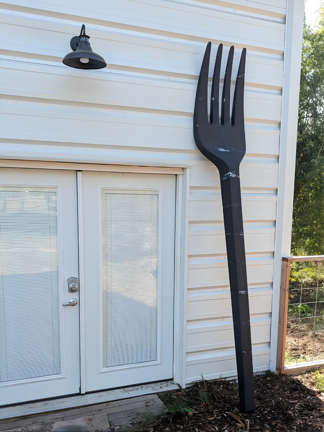 Jason Morris's giant 3D-printed fork — one of the large-scale sculptures living in his Ridgefield barn
