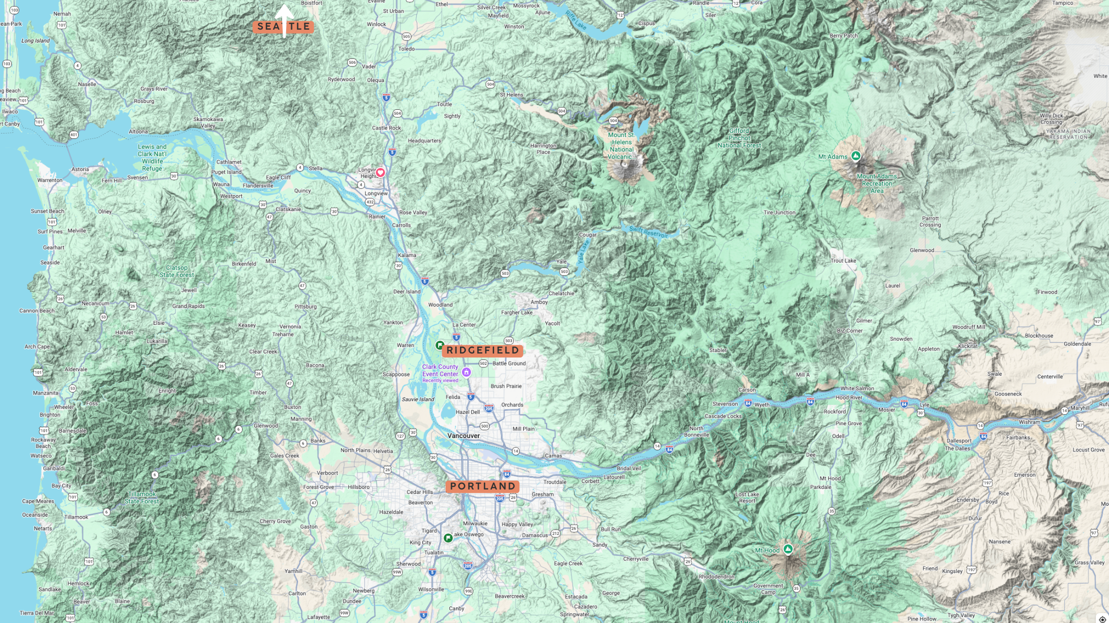 Map showing Ridgefield location relative to Portland and Vancouver