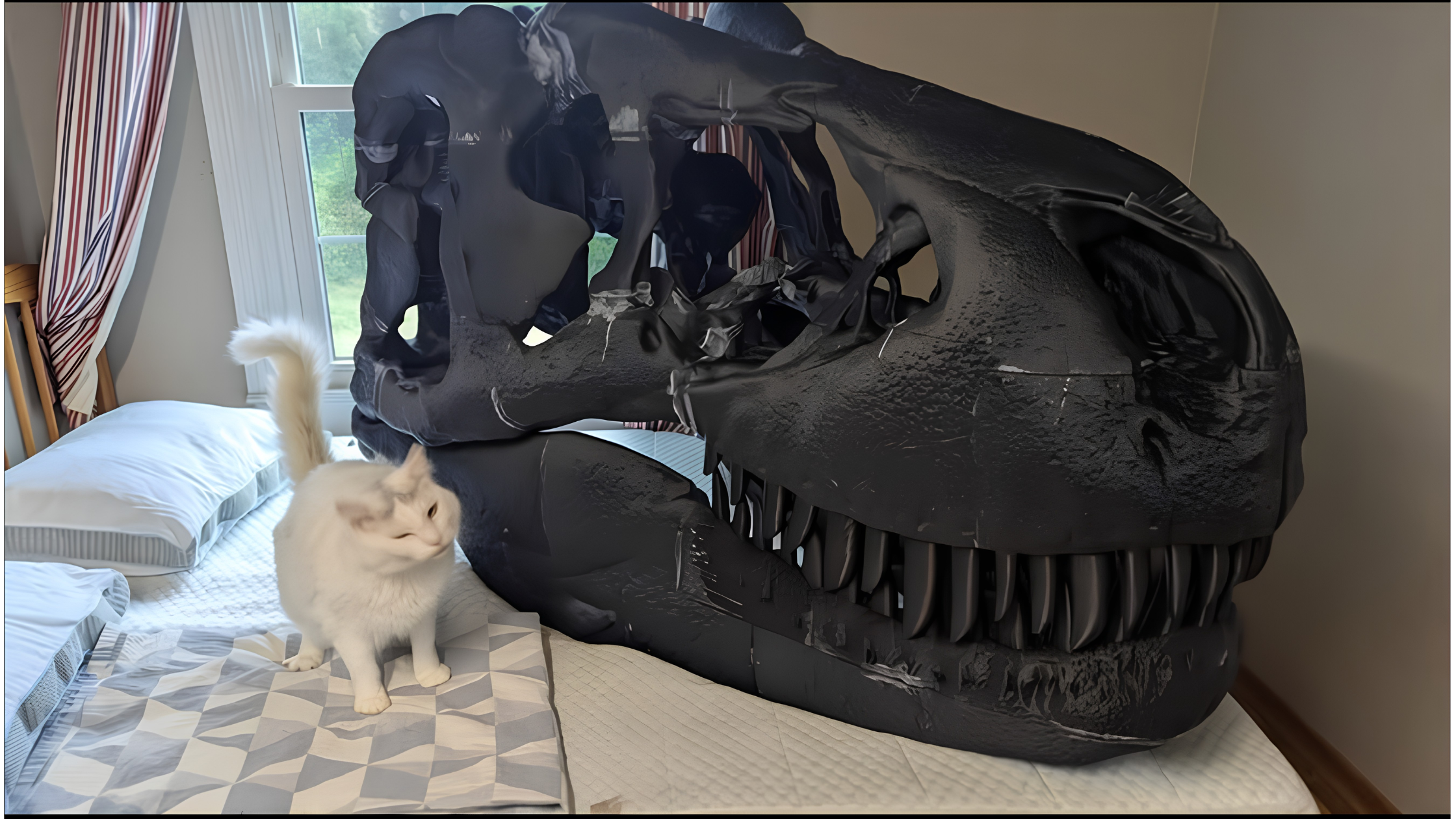 An in-progress 3D-printed T-rex skull resting on a bed next to a fluffy white cat