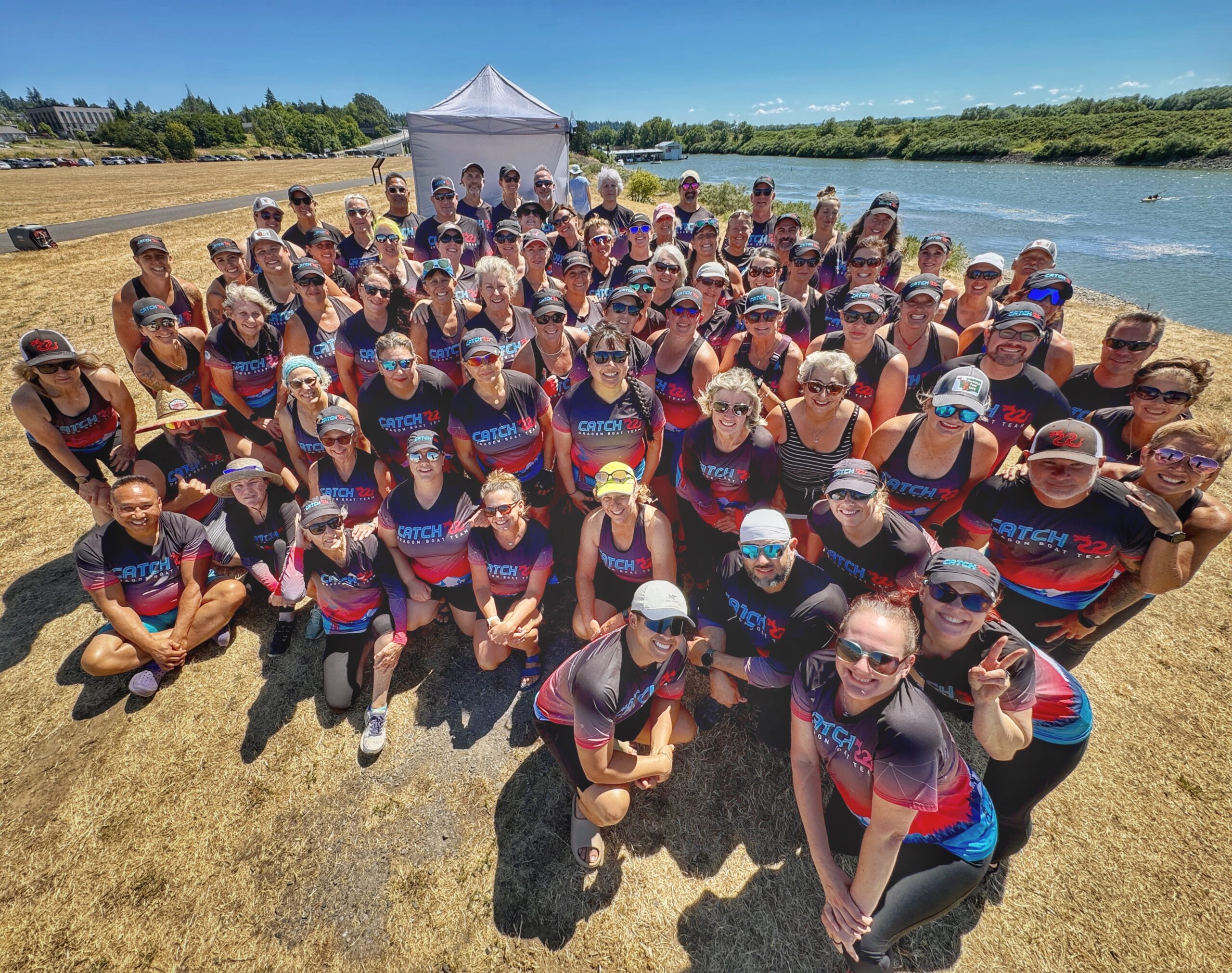 Dragon boat teams racing on Lake River at the Paddle for Life festival in Ridgefield, Washington