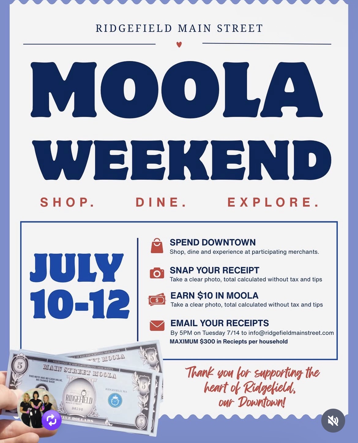 Ridgefield Main Street Moola Weekend flyer for July 10-12, 2026