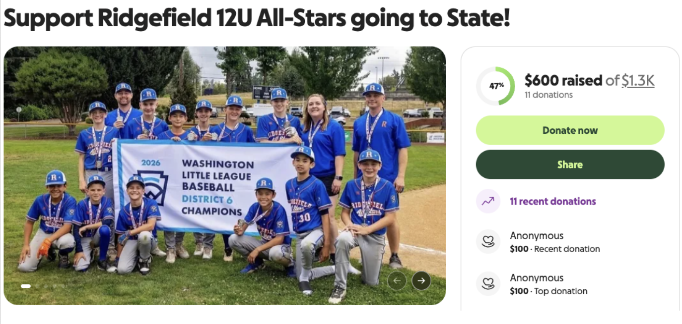 Ridgefield 12U All-Stars pose with their 2026 Washington Little League District 6 Champions banner