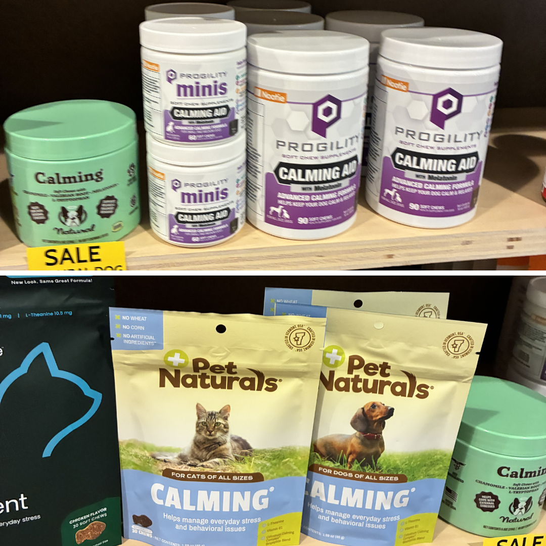 Pet Naturals calming aids for cats and dogs of all sizes, plus Progility calming chews, at Woodin' You in Ridgefield