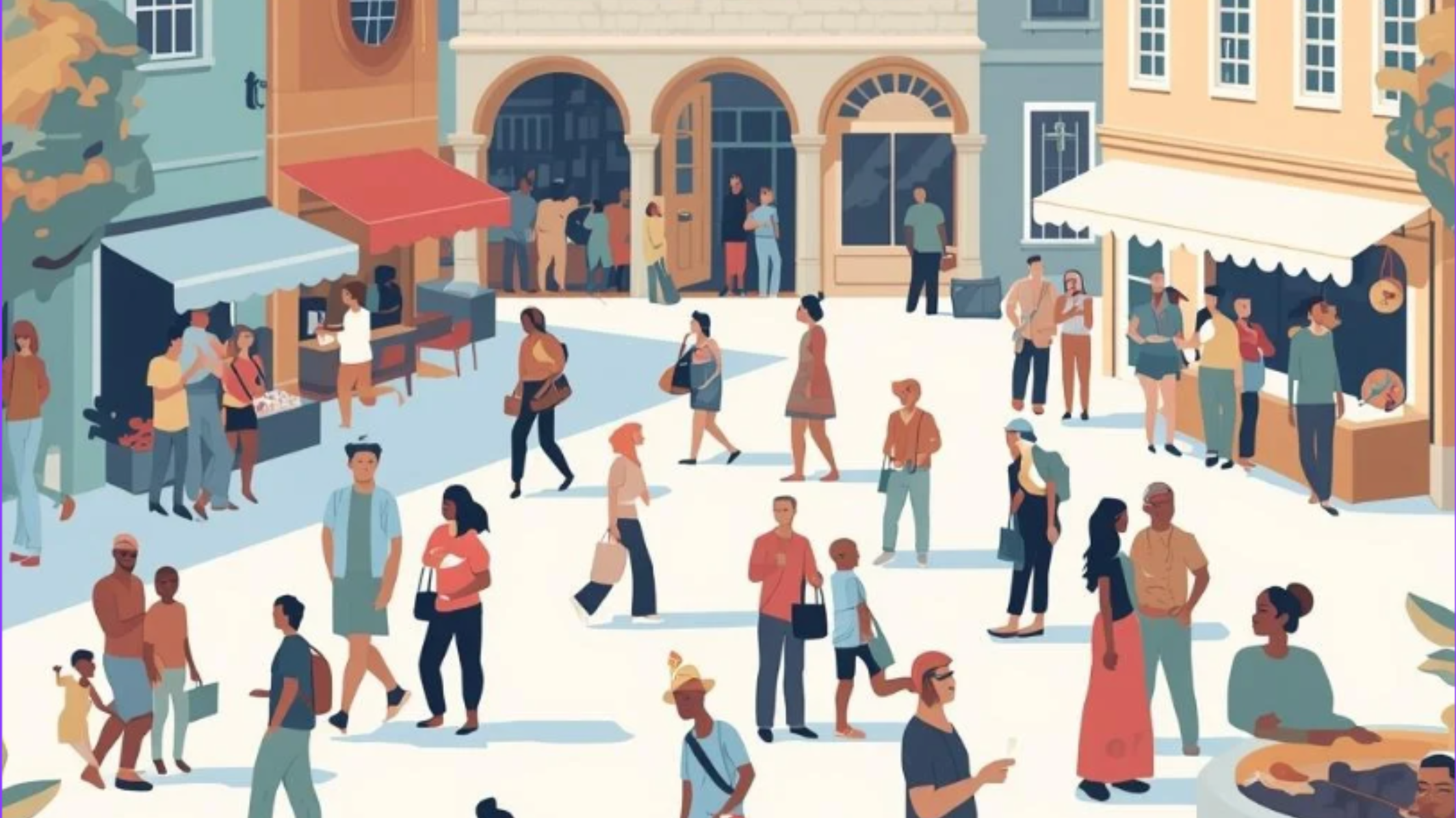 Illustrated crowd of neighbors shopping and gathering in downtown Ridgefield