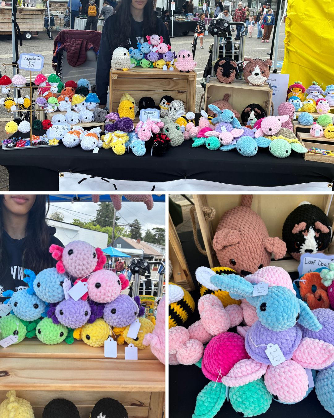 Crochet animals, keychains and plush birds on a market table