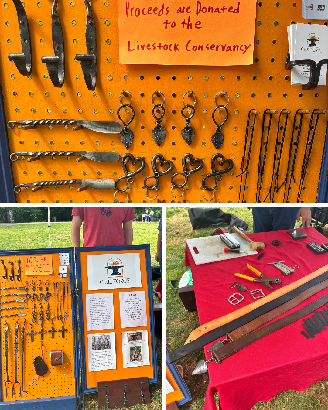 Forged metal hooks, spreaders, bottle openers and leather belts displayed on an orange pegboard