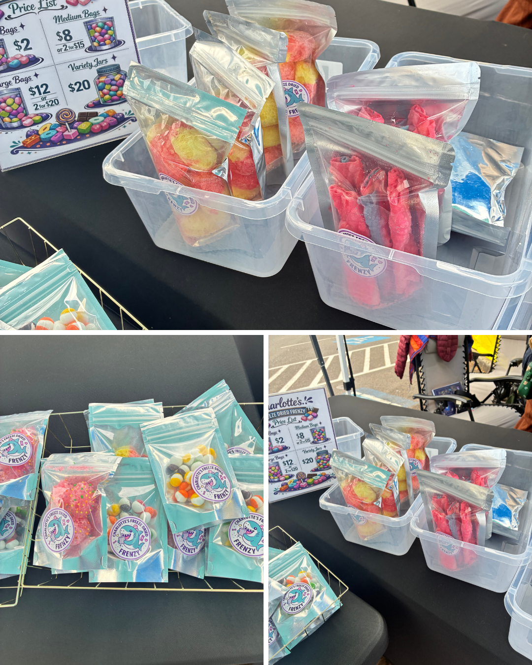 Bags of freeze dried candy with custom shark logo stickers in clear bins