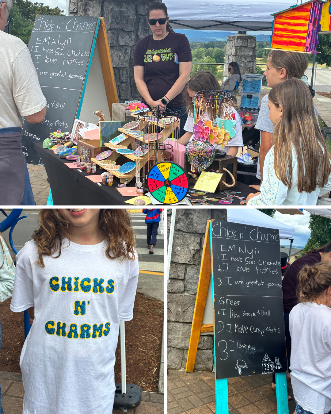 Charms, keychains, painted coasters and a prize wheel at a market booth