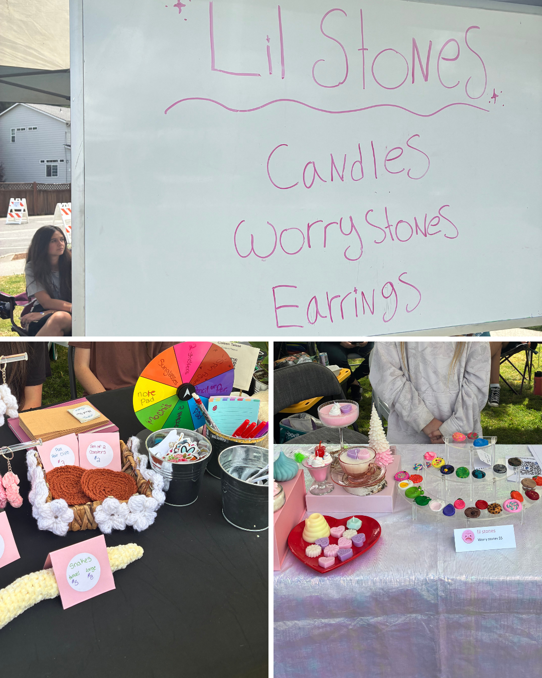 Handmade candles, painted worry stones, earrings and crocheted items on a market table