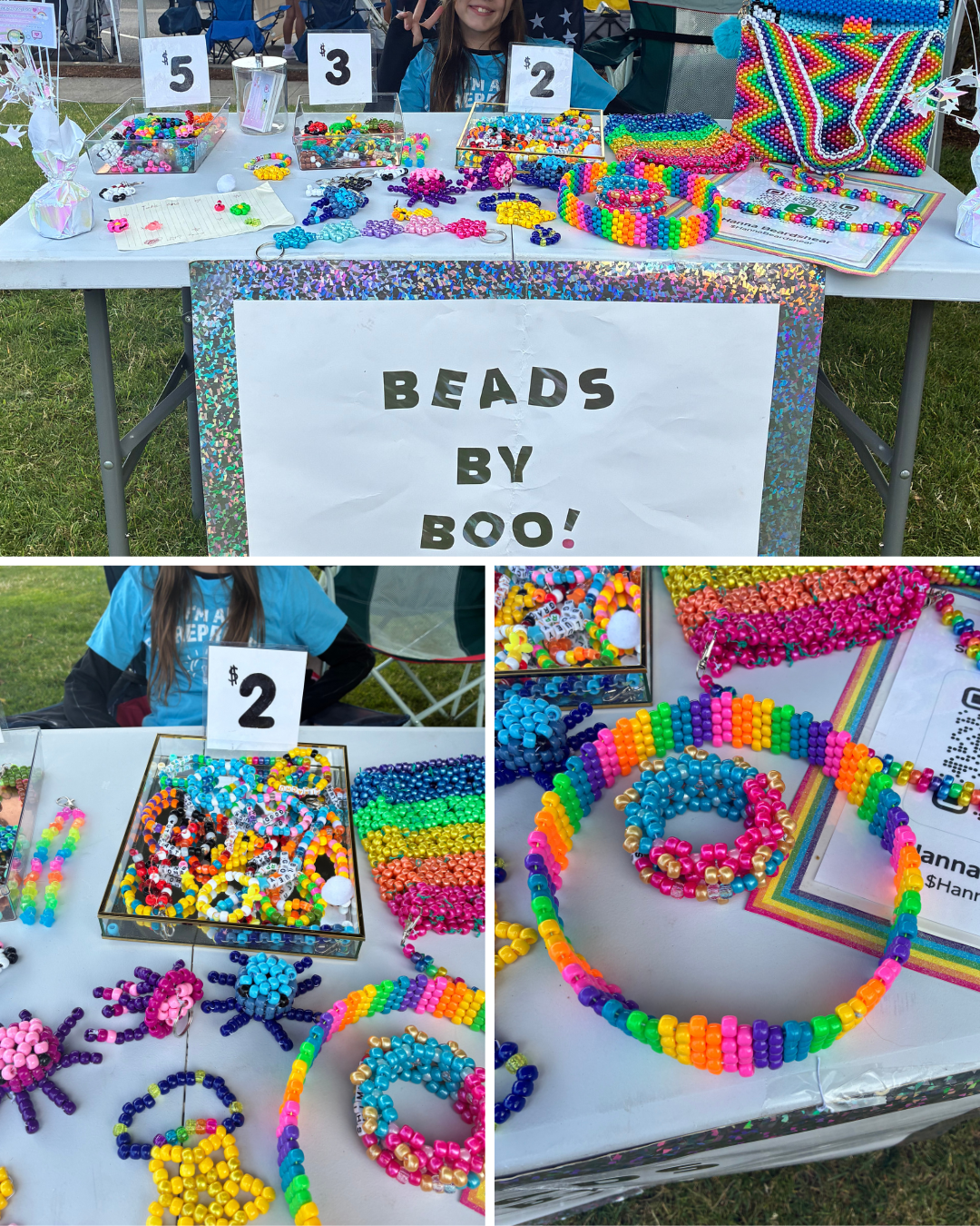Colorful beaded bracelets, necklaces and a rainbow beaded bag on a market table