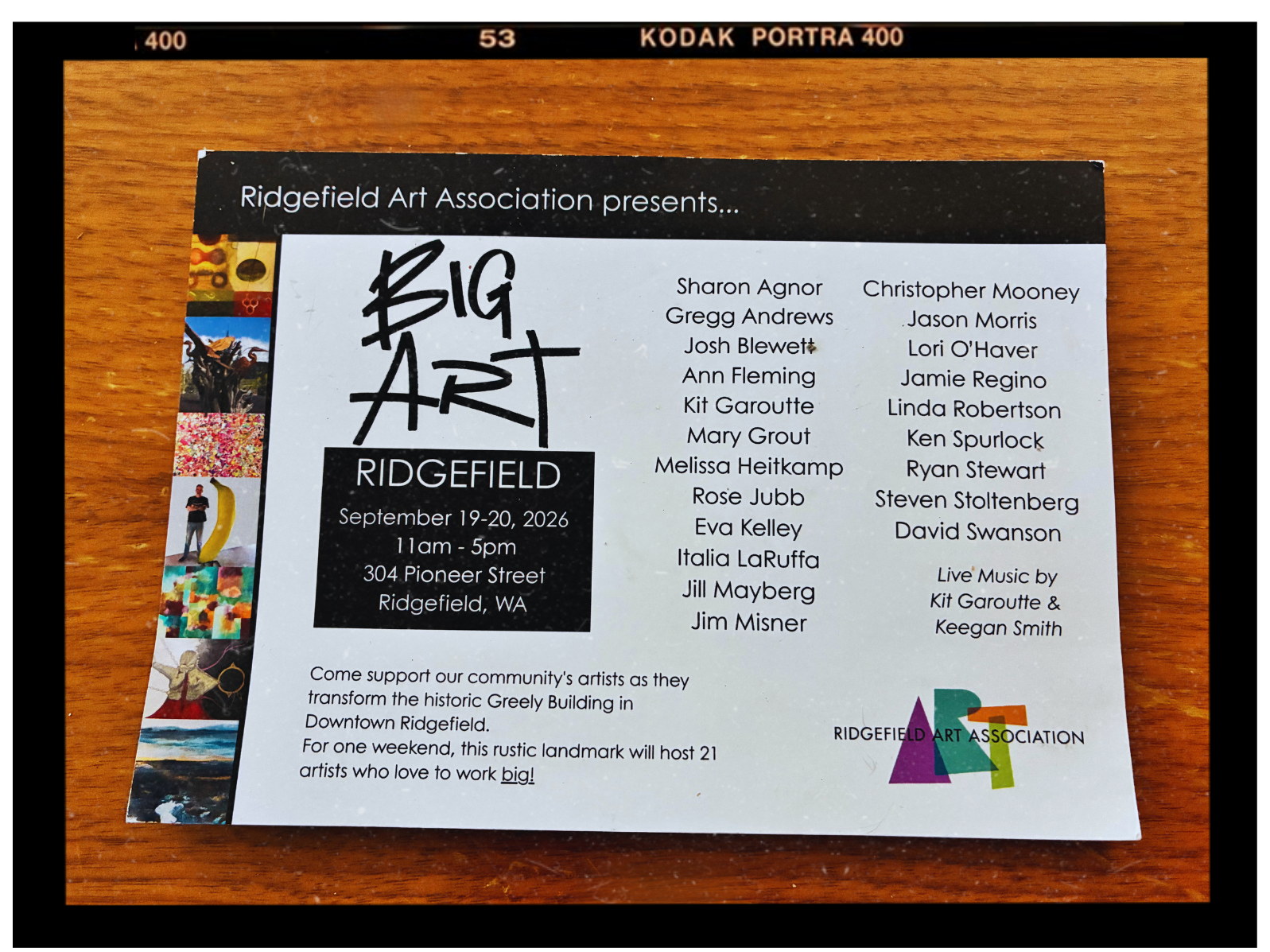 Back of the Big Art Show flyer listing all twenty-one participating artists and the live music lineup