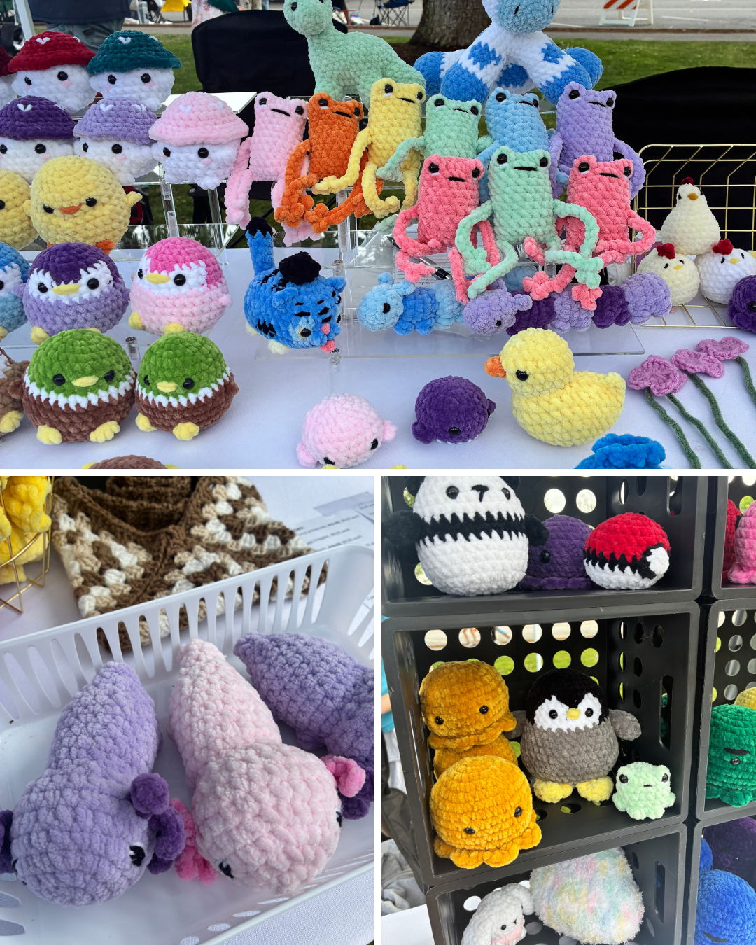 Crocheted ducks, frogs, penguins, turtles and jellyfish arranged on risers