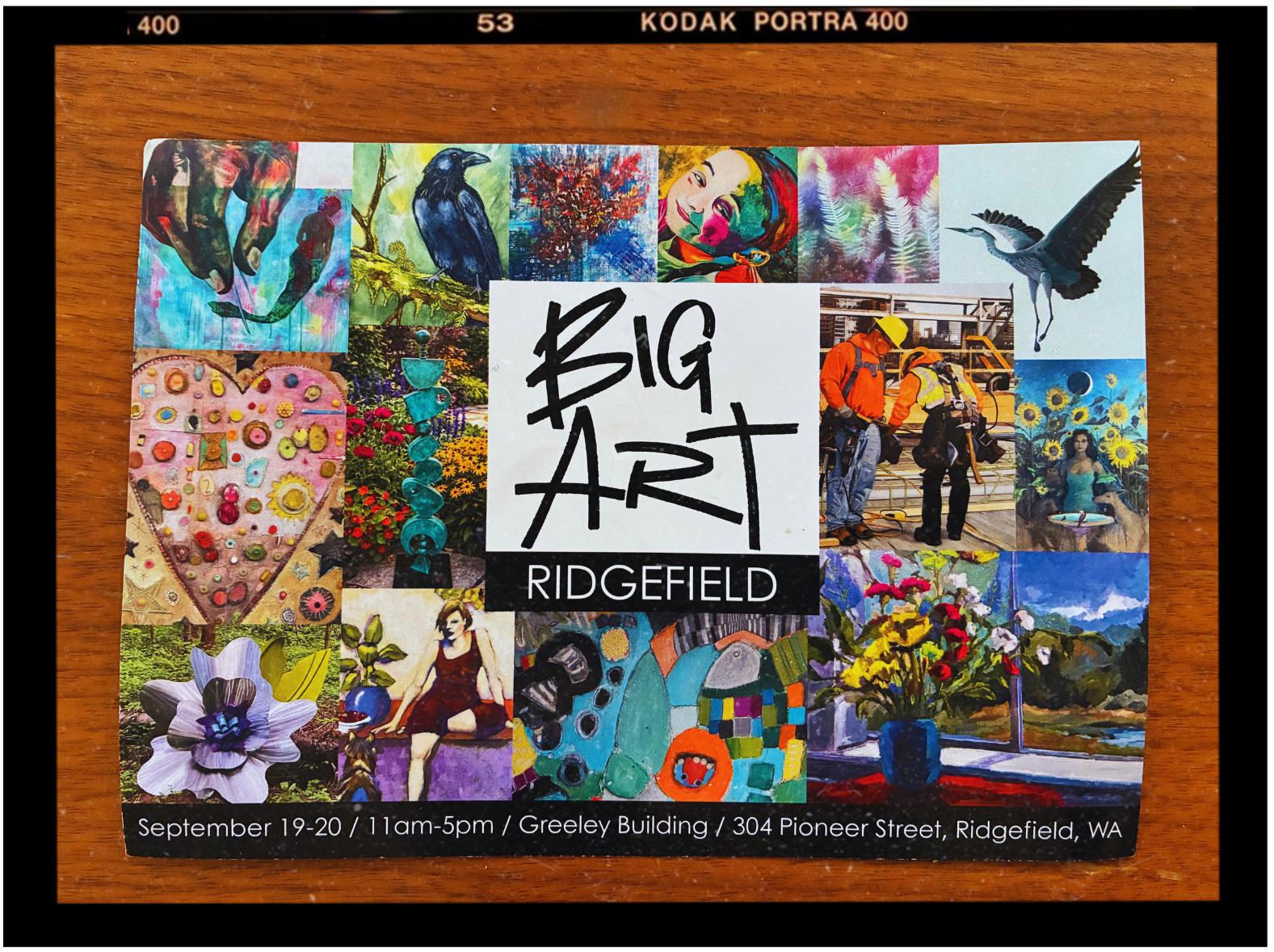 Big Art Show flyer showing a grid of paintings and sculptures with event details for September 19-20 at the Greely Building in Ridgefield