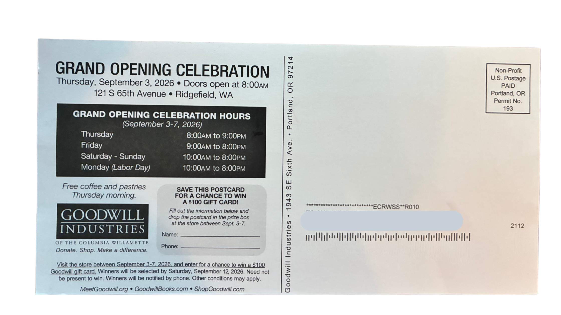Back of the Goodwill grand opening postcard showing celebration hours and gift card entry