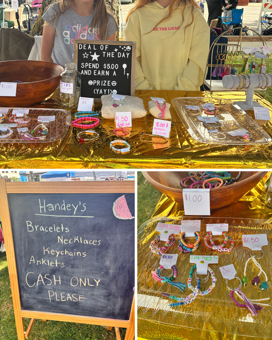 Beaded bracelets, anklets and keychains on gold trays with a chalkboard menu