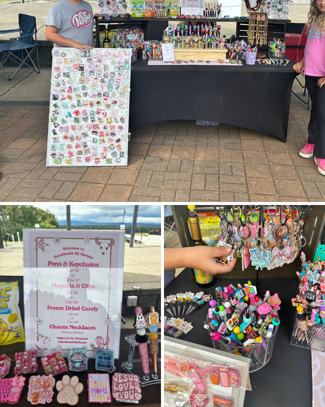Decorated pens, keychains, magnets and charm necklaces at a market booth