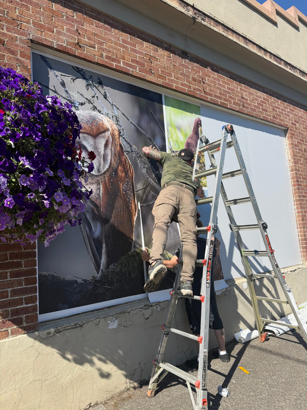 Close view of a photo panel on the Greely Building