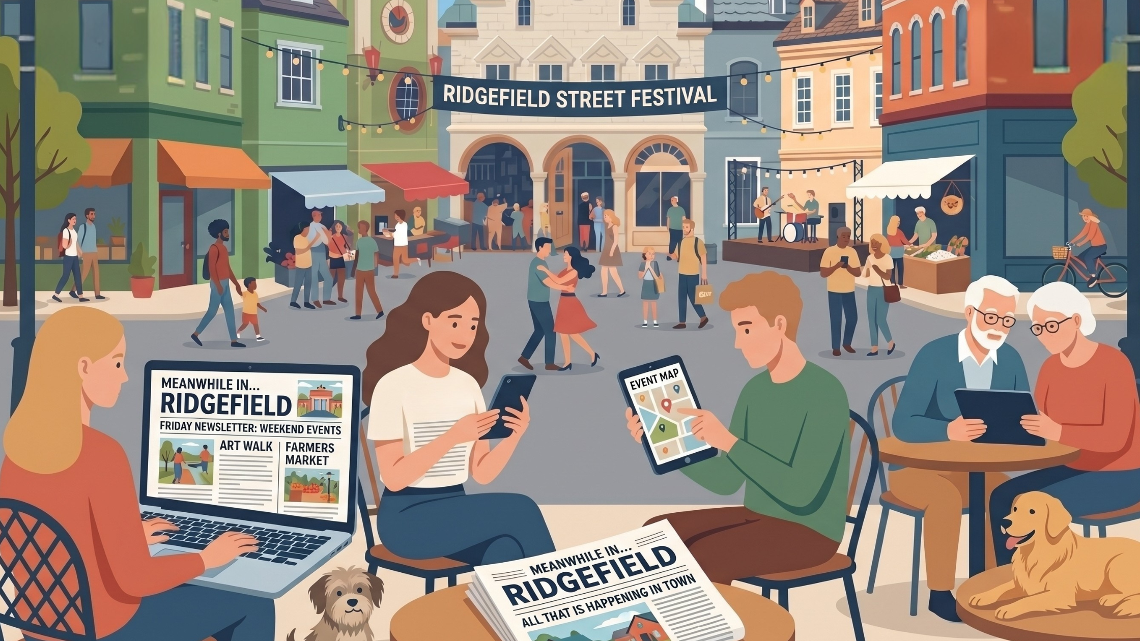 Illustrated view of downtown Ridgefield's Main Street with shops and neighbors out walking