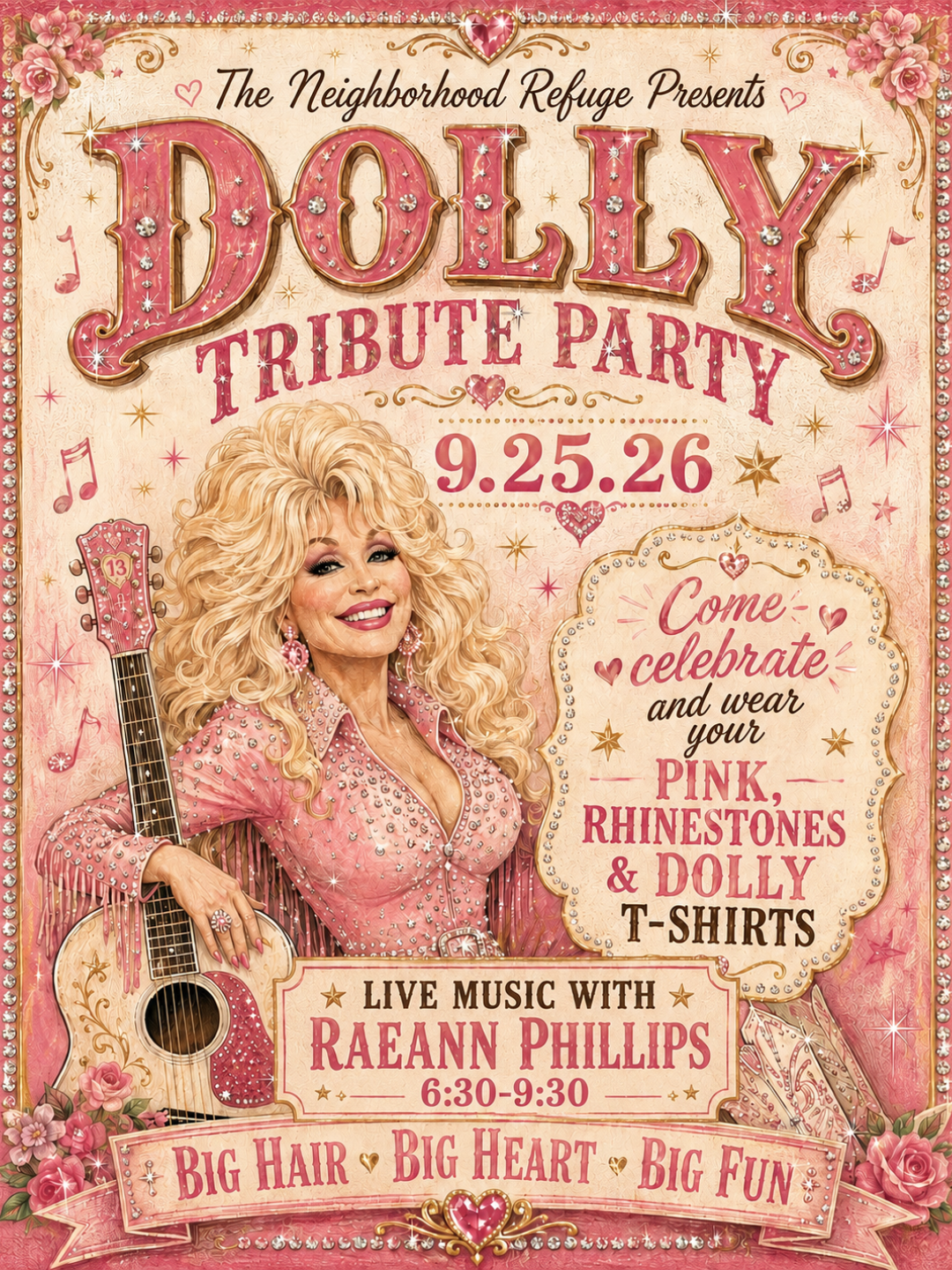 Dolly Tribute Party flyer from The Neighborhood Refuge, September 25, 2026, live music with Raeann Phillips 6:30 to 9:30