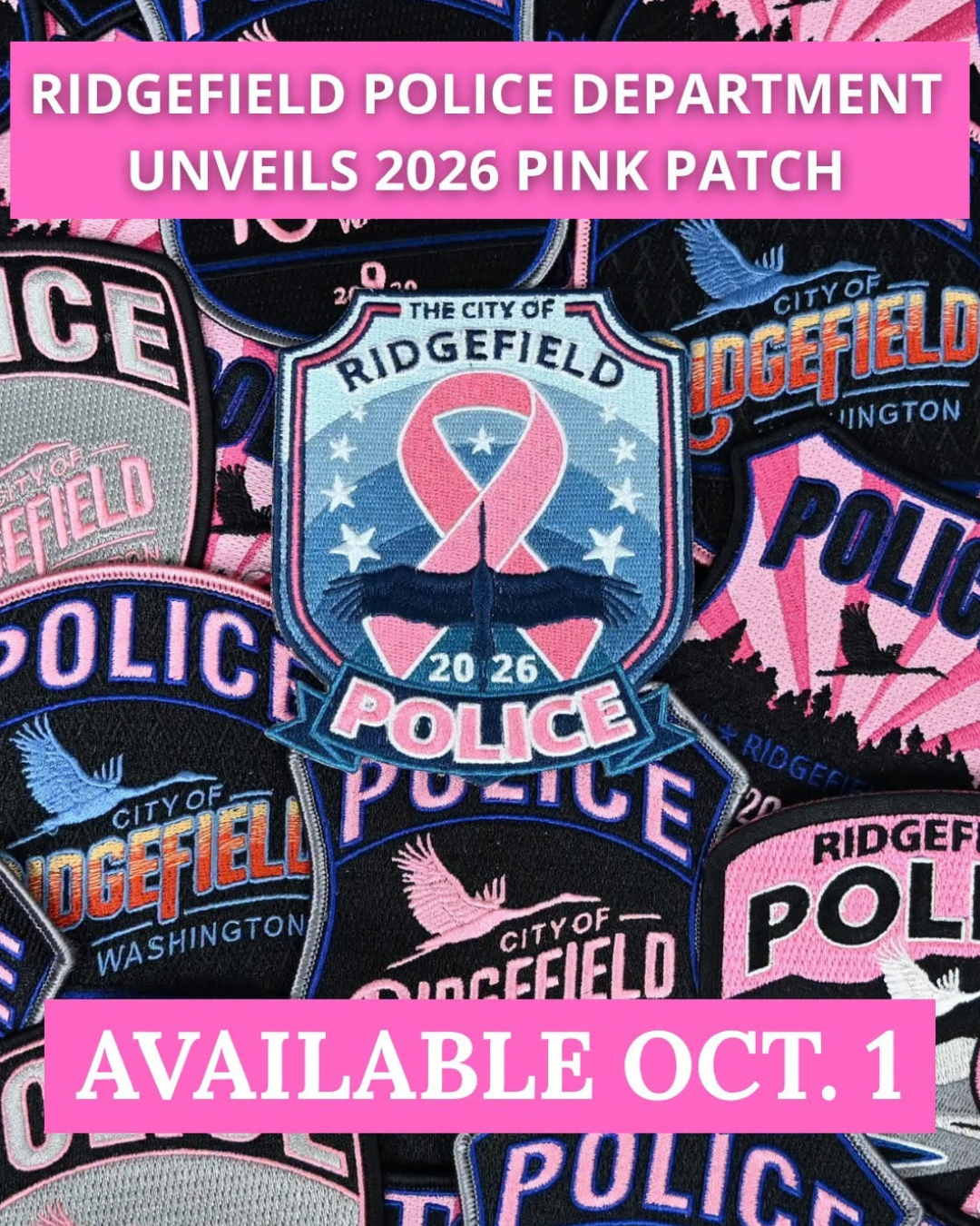 The 2026 Ridgefield Police Department pink patch featuring nine stars, a sandhill crane and a pink ribbon