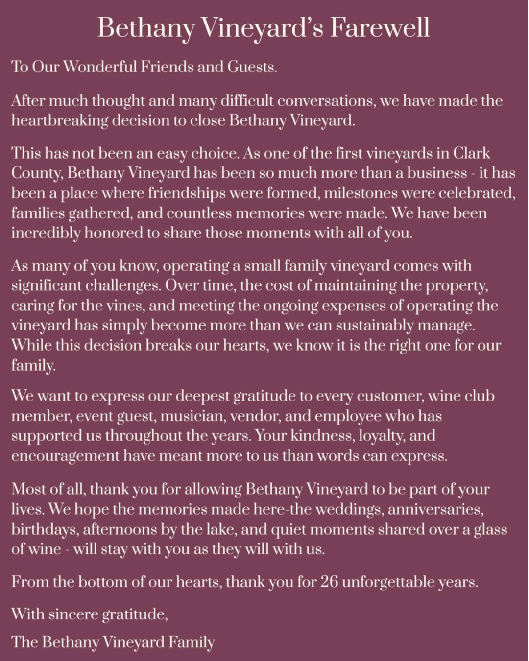 Bethany Vineyard's farewell letter to friends and guests announcing the winery's closure after 26 years