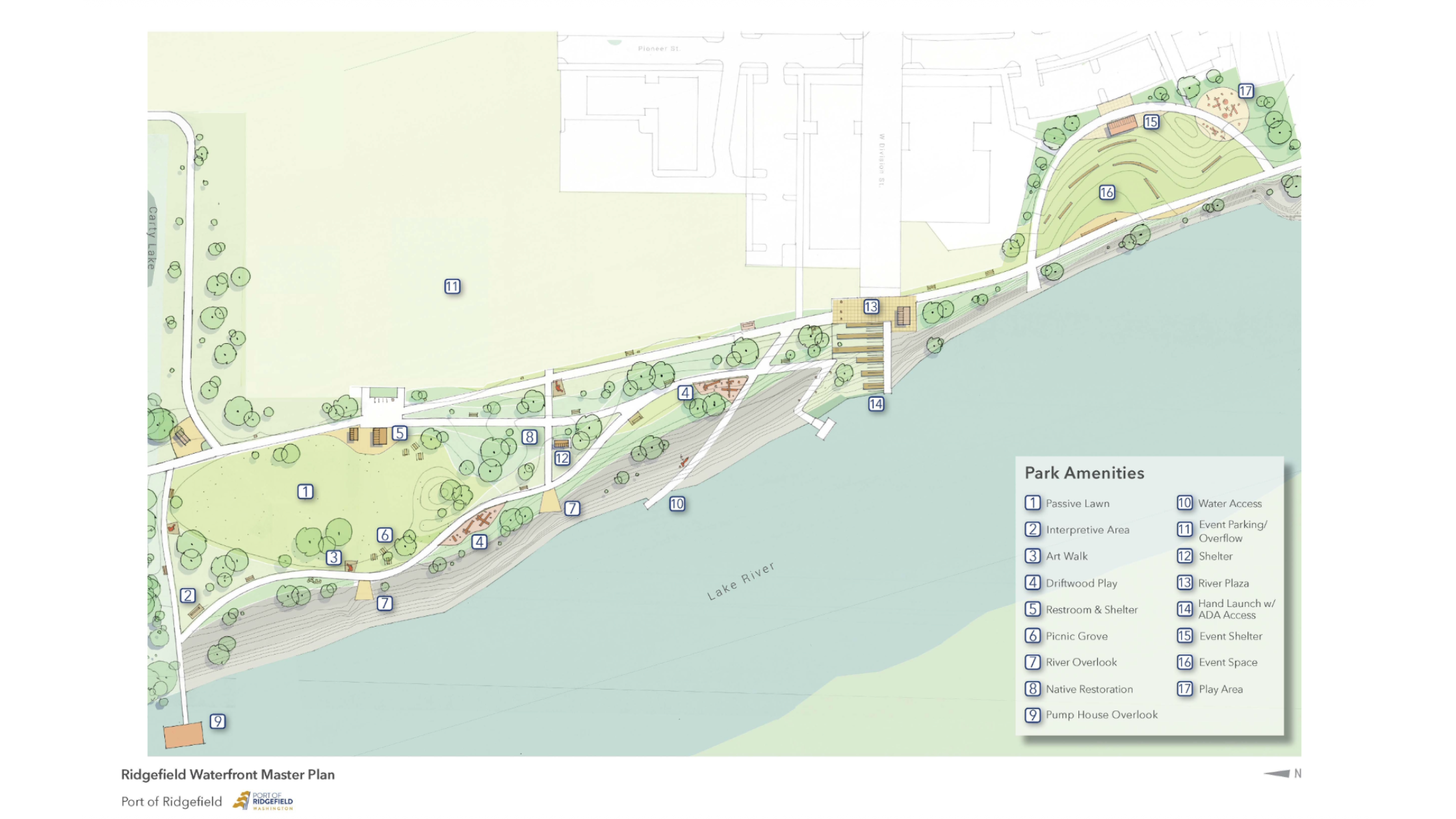 Ridgefield Waterfront Park concept plan with numbered amenities including passive lawn, event space, accessible hand launch and pump house overlook