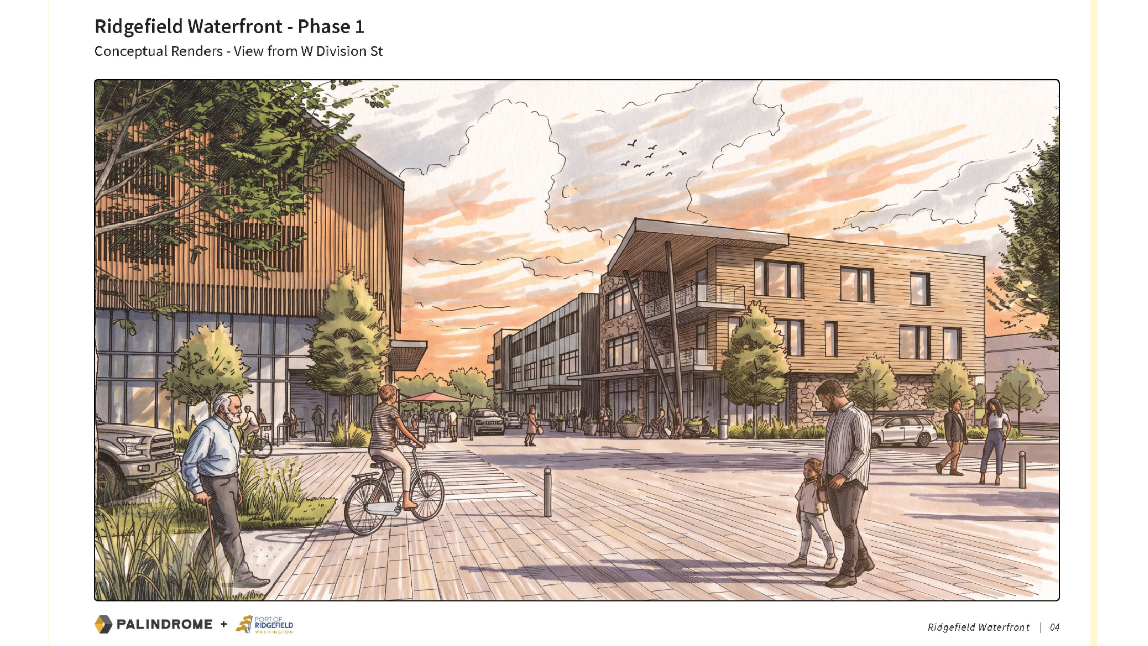 Conceptual rendering looking down West Division Street toward the waterfront, with wood and stone buildings and a pedestrian plaza