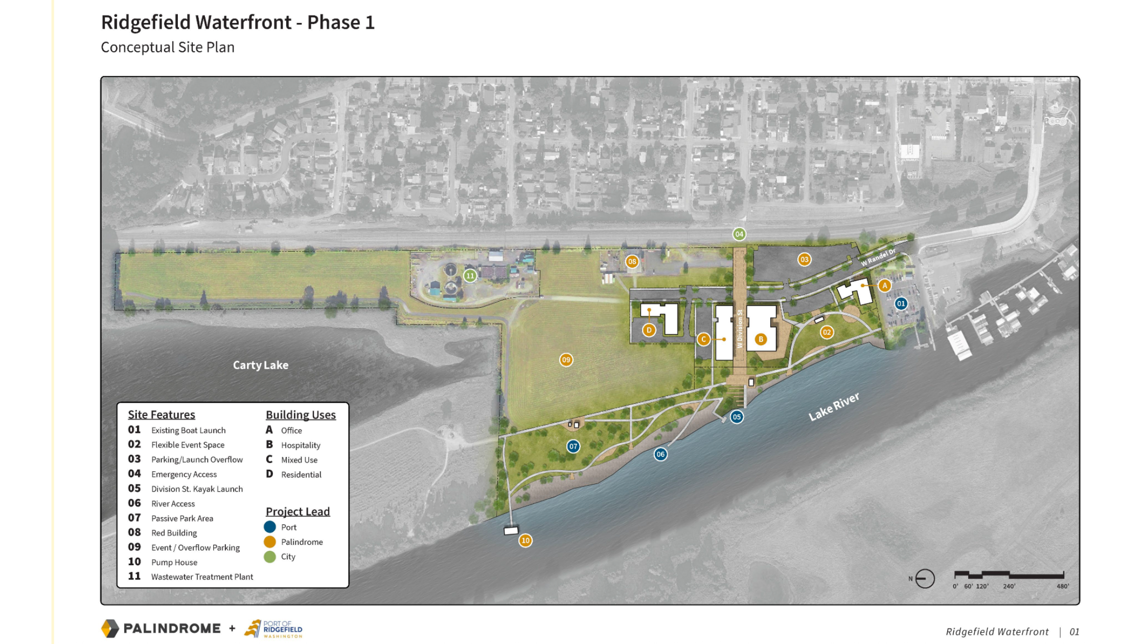 Ridgefield Waterfront Phase 1 conceptual site plan showing four buildings near West Division Street, the park along Lake River and Carty Lake to the north