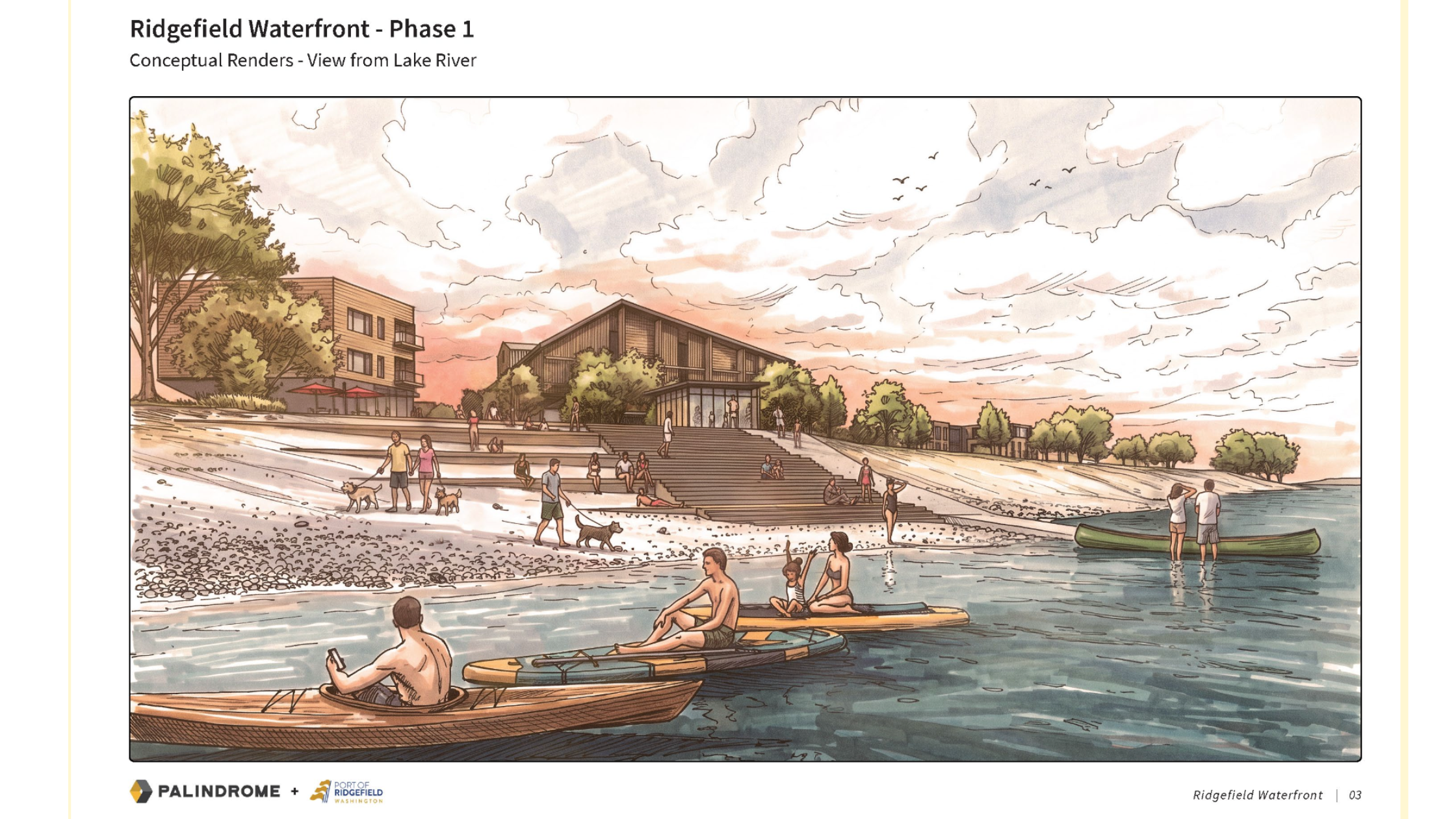 Conceptual rendering of the Ridgefield waterfront from Lake River, with stepped seating down to a rocky beach and paddlers on the water