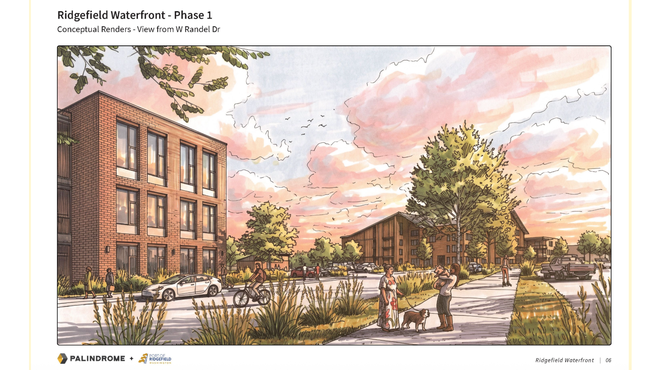 Conceptual rendering from West Randel Drive showing a brick building, native plantings and wood-sided buildings beyond