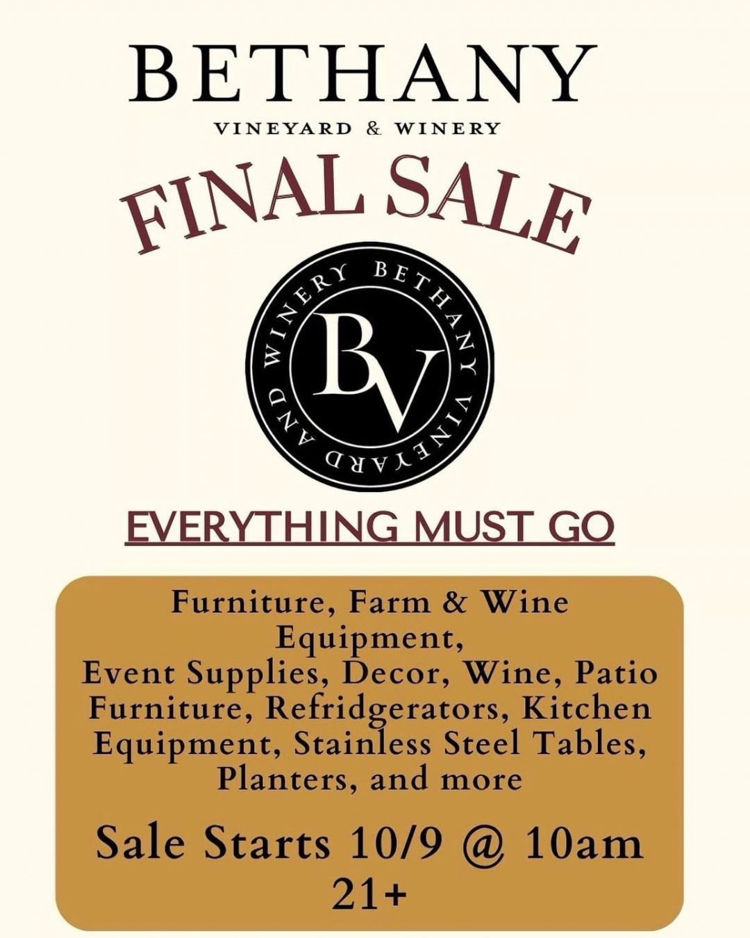 Bethany Vineyard and Winery final sale flyer: everything must go, sale starts October 9 at 10am, 21 and over
