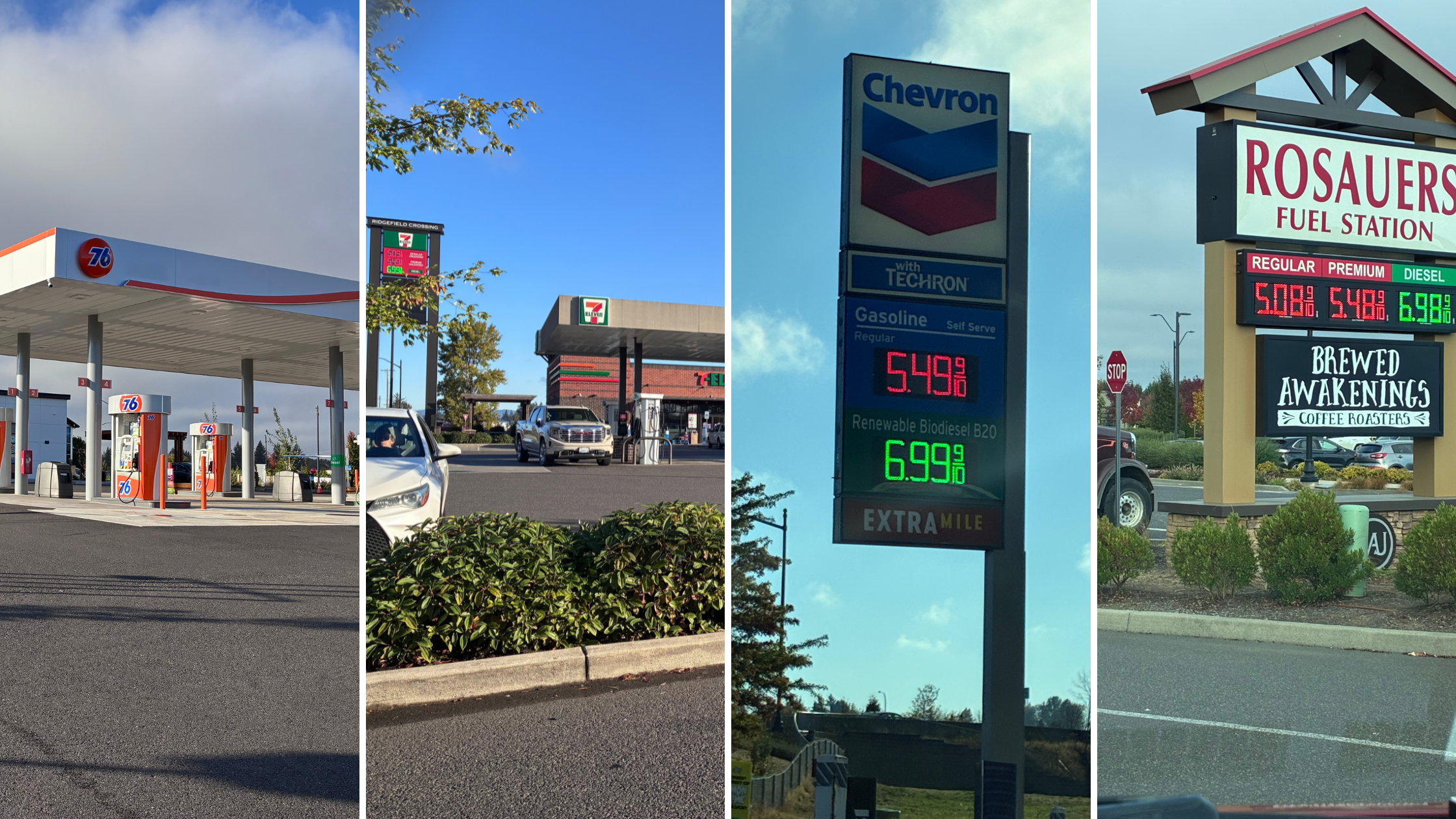 Gas stations near the Ridgefield Junction off I-5 and Pioneer Street
