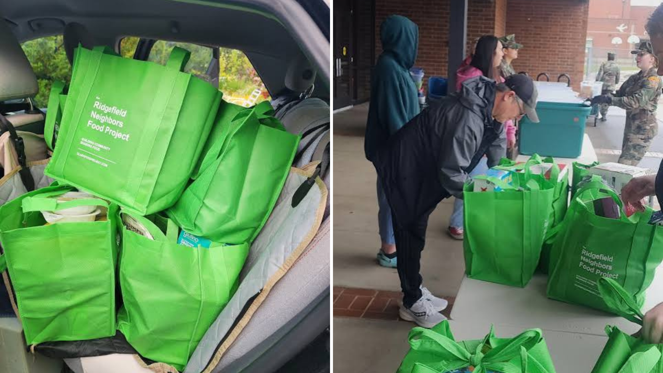 A filled green Food Project bag waiting on a Ridgefield front porch