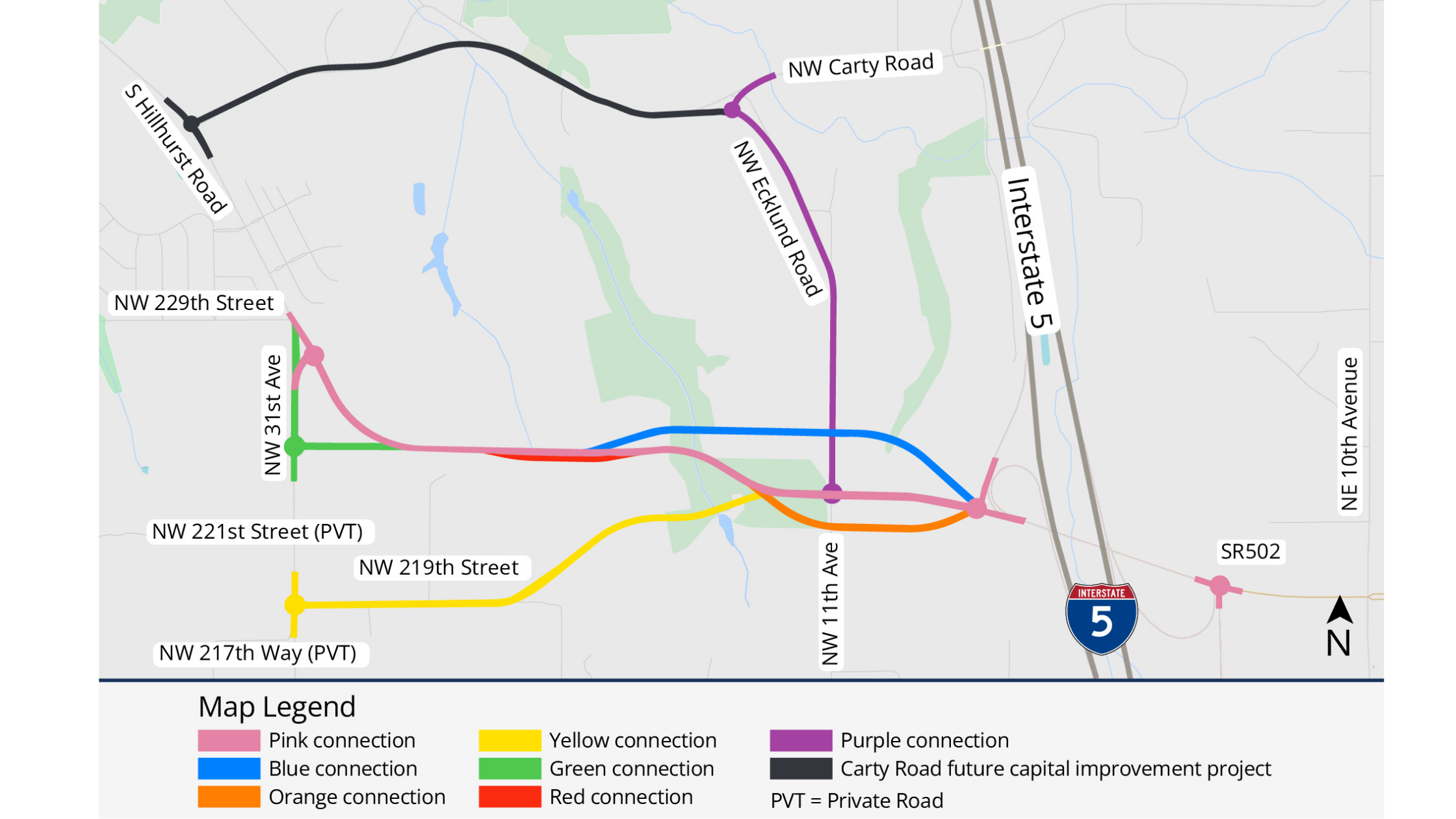 Map of the seven I-5 South Connector route alternatives between Hillhurst Road and the NE 219th Street interchange