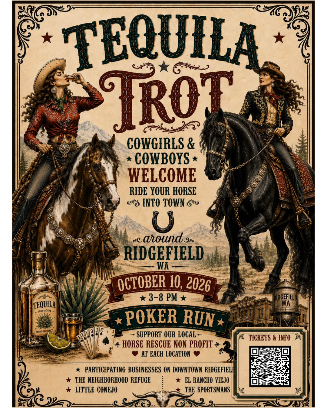 Tequila Trot flyer: October 10, 2026, 3 to 8 PM, Downtown Ridgefield, WA. Horses welcome, horses not required.