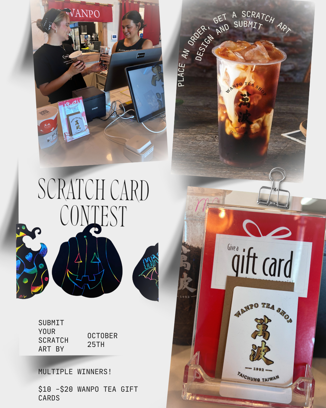 Halloween and pumpkin scratch art contest entries displayed at Wanpo Tea in Ridgefield